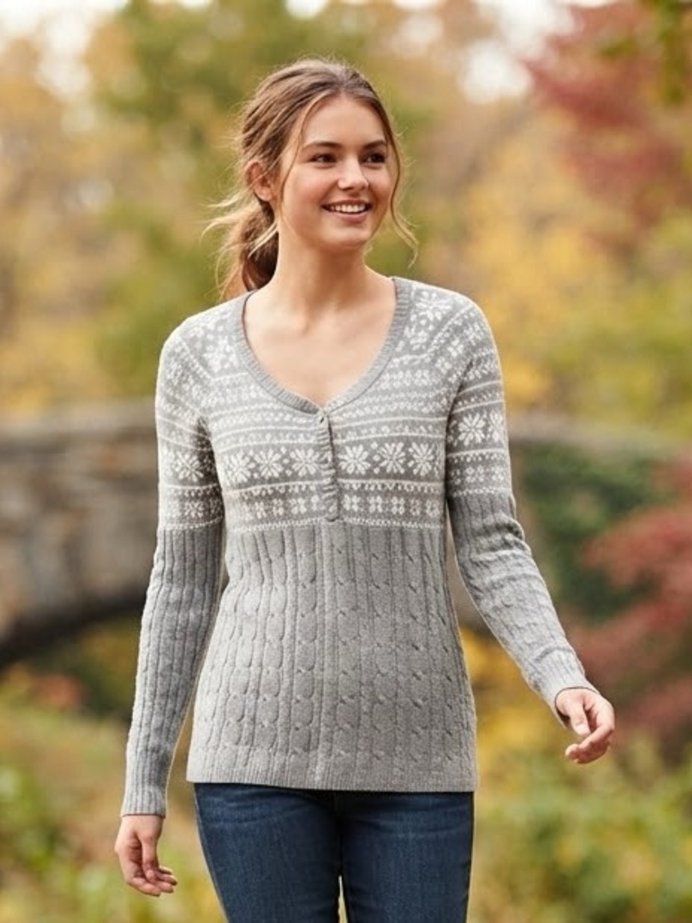 Vintage Y2K Sz L/XL Babydoll Cable Knit Bella Swan Gray Henley Womens Sweater